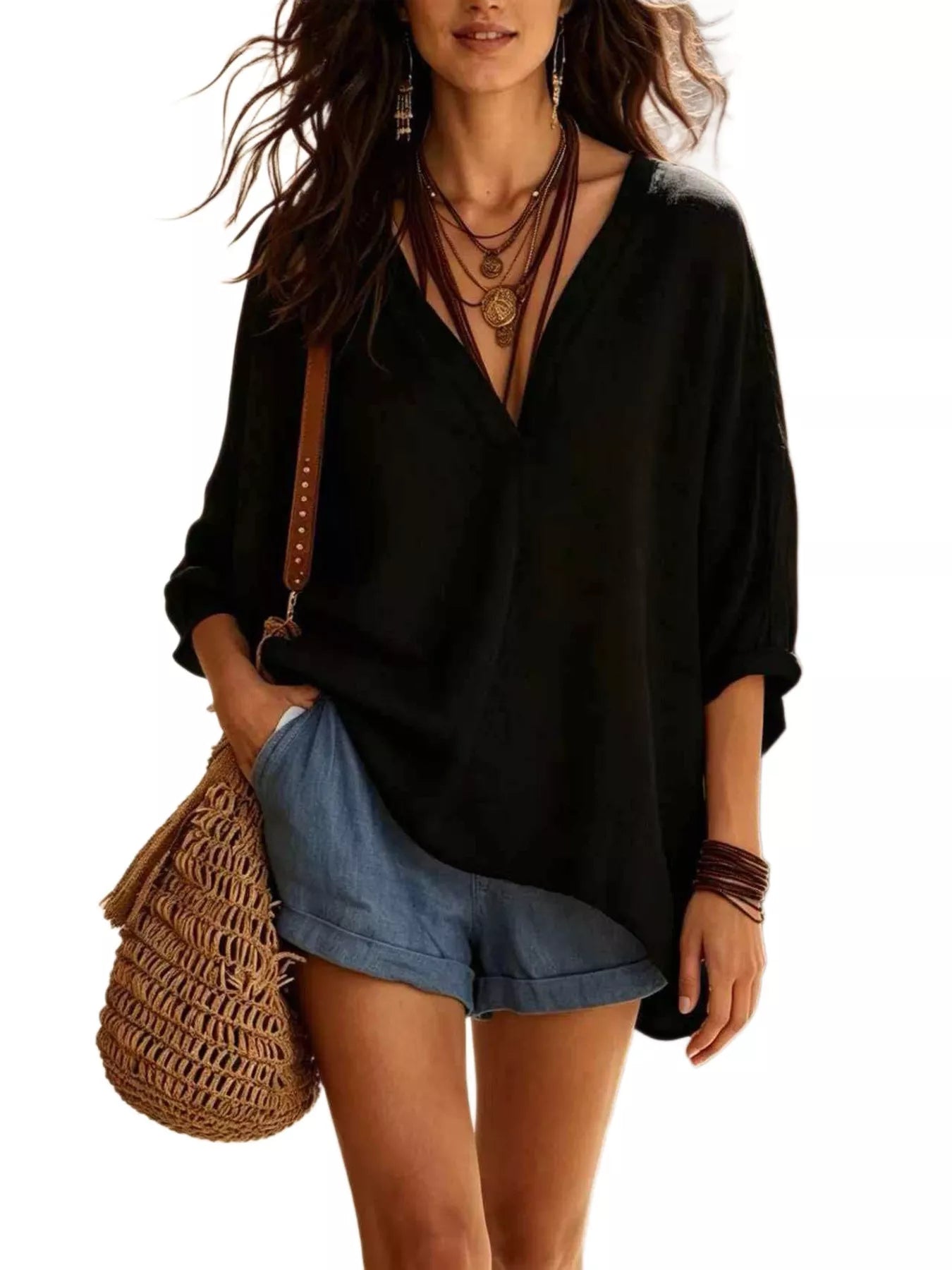 Full Size V-Neck Loose Fit Linen Blend Blouse Plus Size