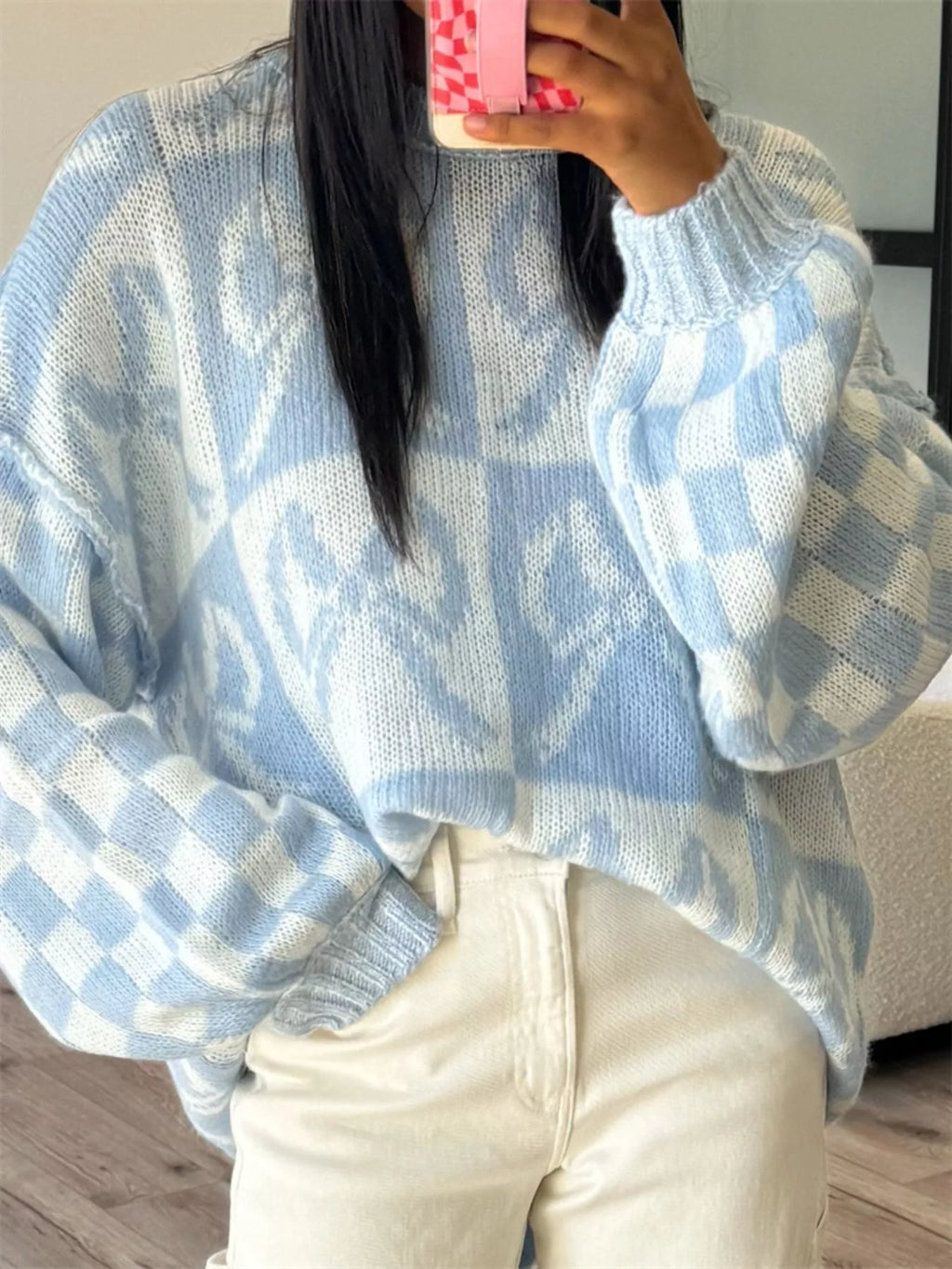 Checkerboard Bow Pattern Dropped Shoulder Sweater
