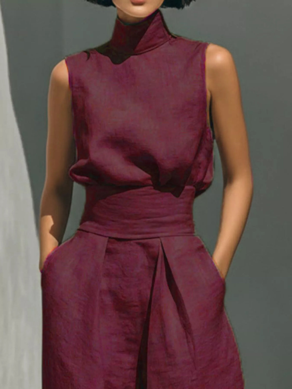 Full Size Turtleneck Sleeveless Top and Wide Leg Pants Set Plus Size