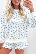 Sky Blue Floral Print Long Sleeve Top Elastic Waist Ruffle Hem Shorts 2pcs Set