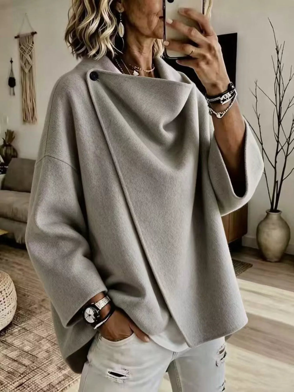 Full Size Asymmetric Button-Up Cape Outerwear Plus Size