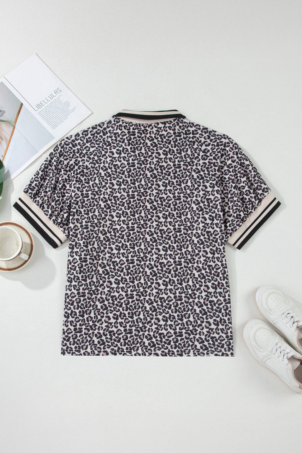 Brown Plus Size Leopard Print Striped Webbing Patchwork Half Zip Blouse