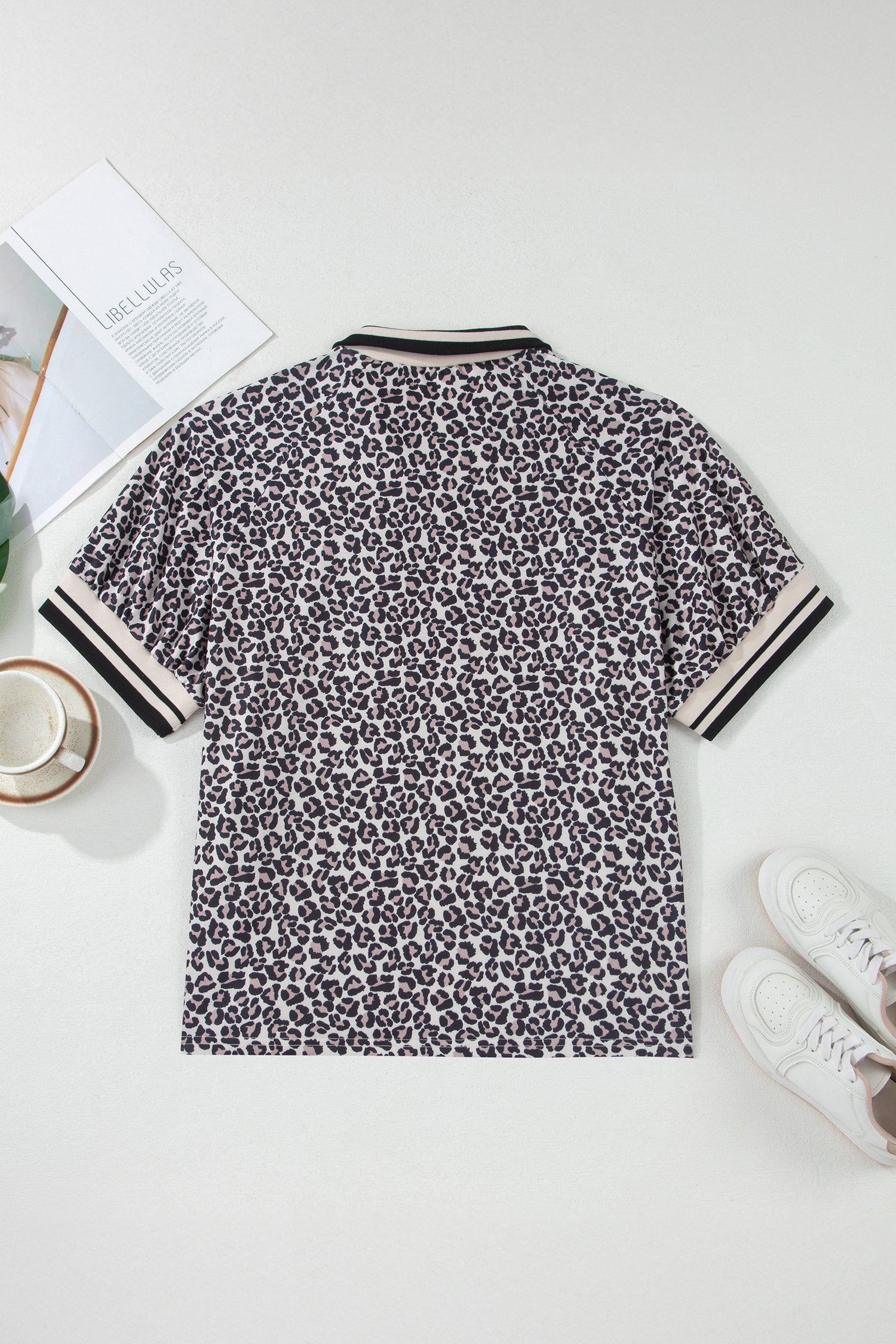 Brown Plus Size Leopard Print Striped Webbing Patchwork Half Zip Blouse