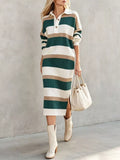 Striped Polo Collar Long Sleeve Sweater Dress