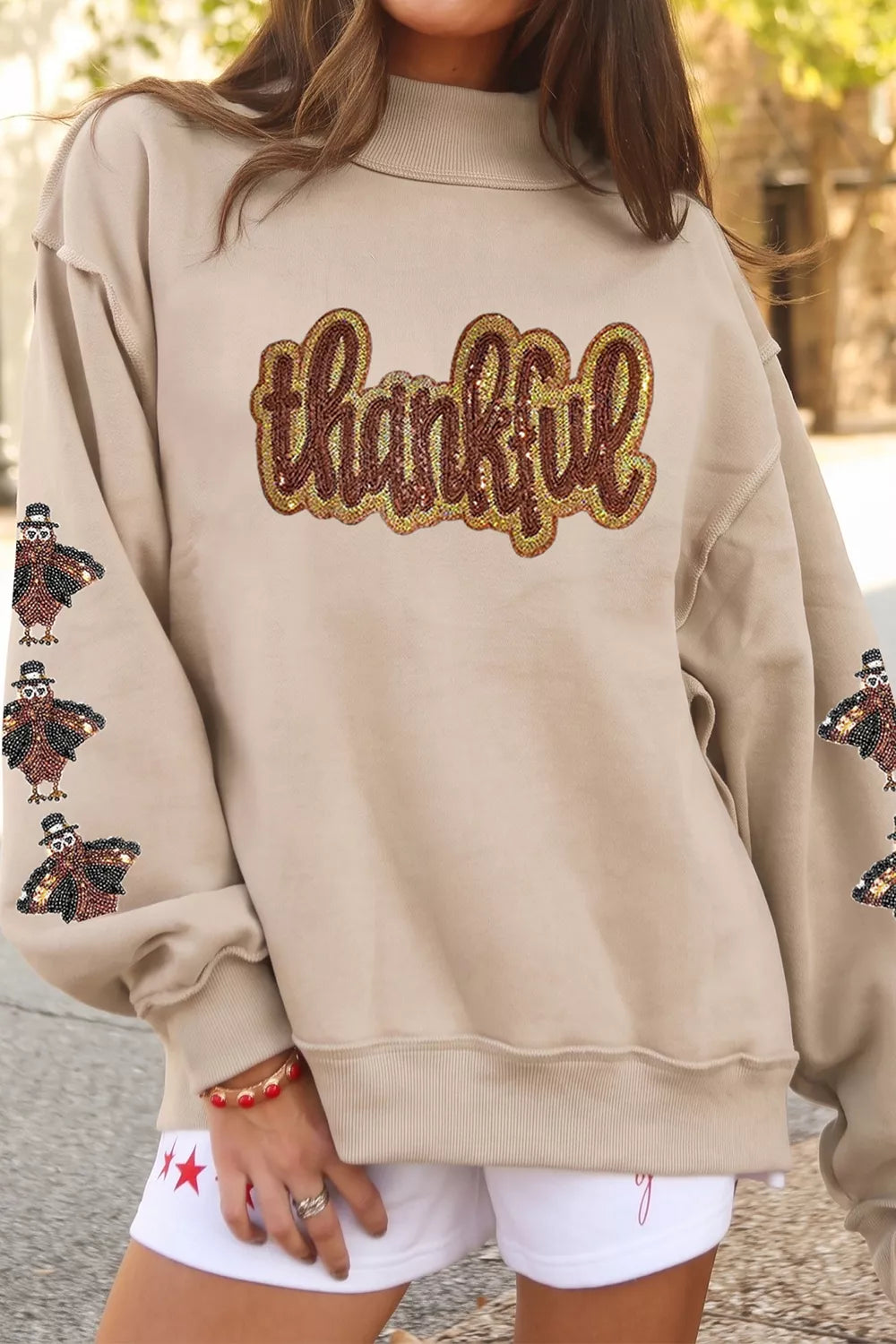 Thankful Sequin Mock Neck Sweatshirt