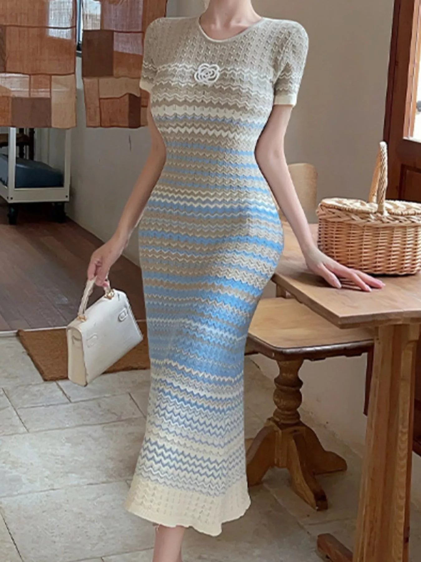 Gradient Knit Striped Short Sleeve Midi Dress
