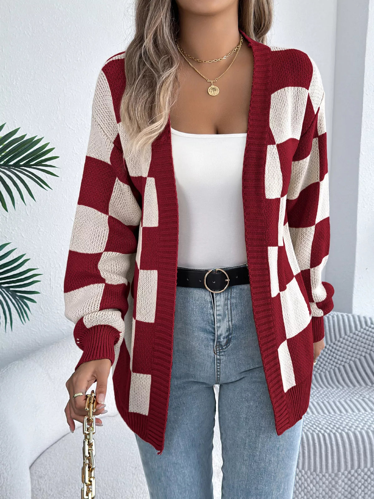 Oversized Checkered Open-Front Knit Cardigan