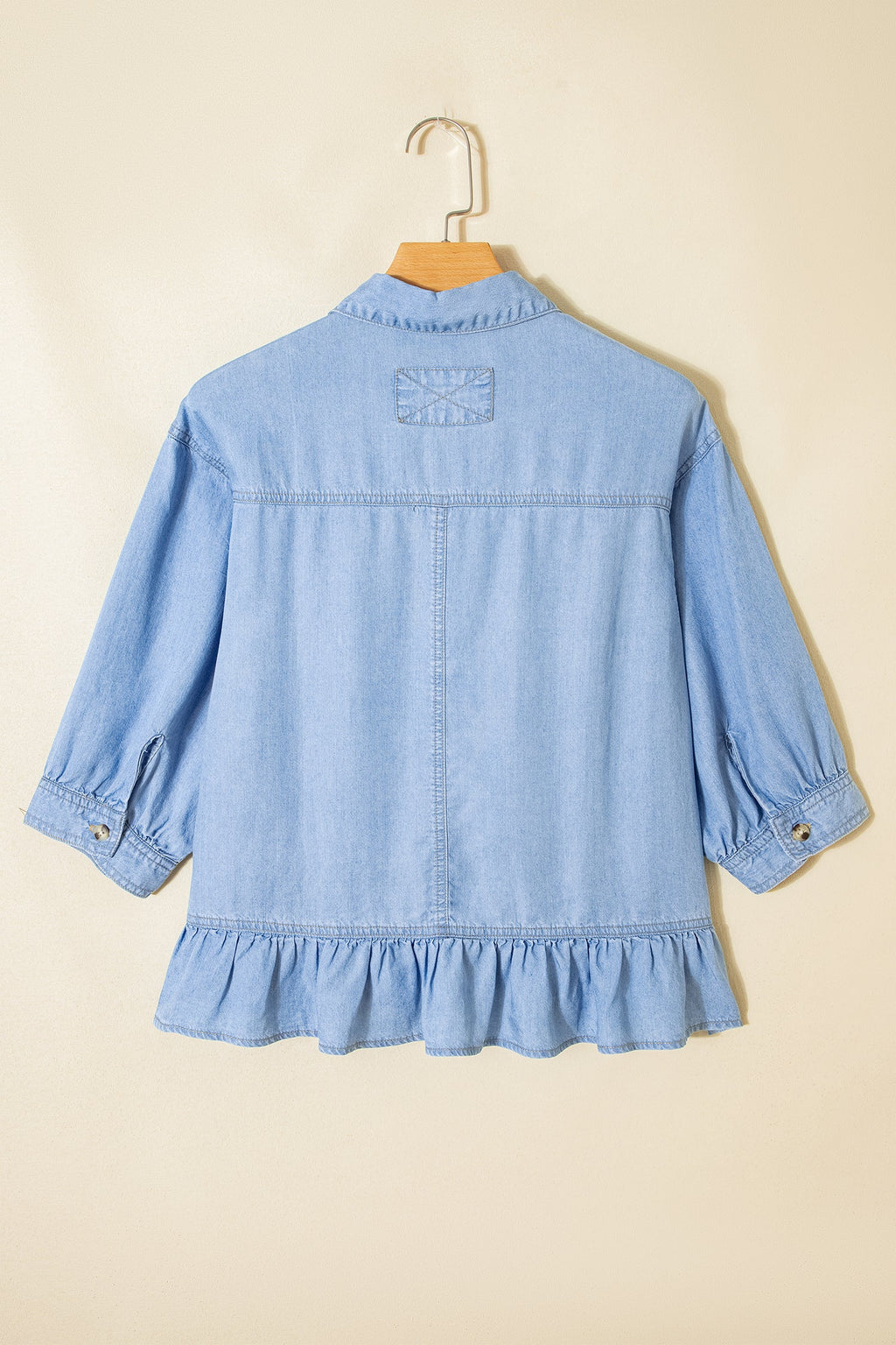Denim Chambray Ruffle 3/4 Sleeve Buttoned Shirt