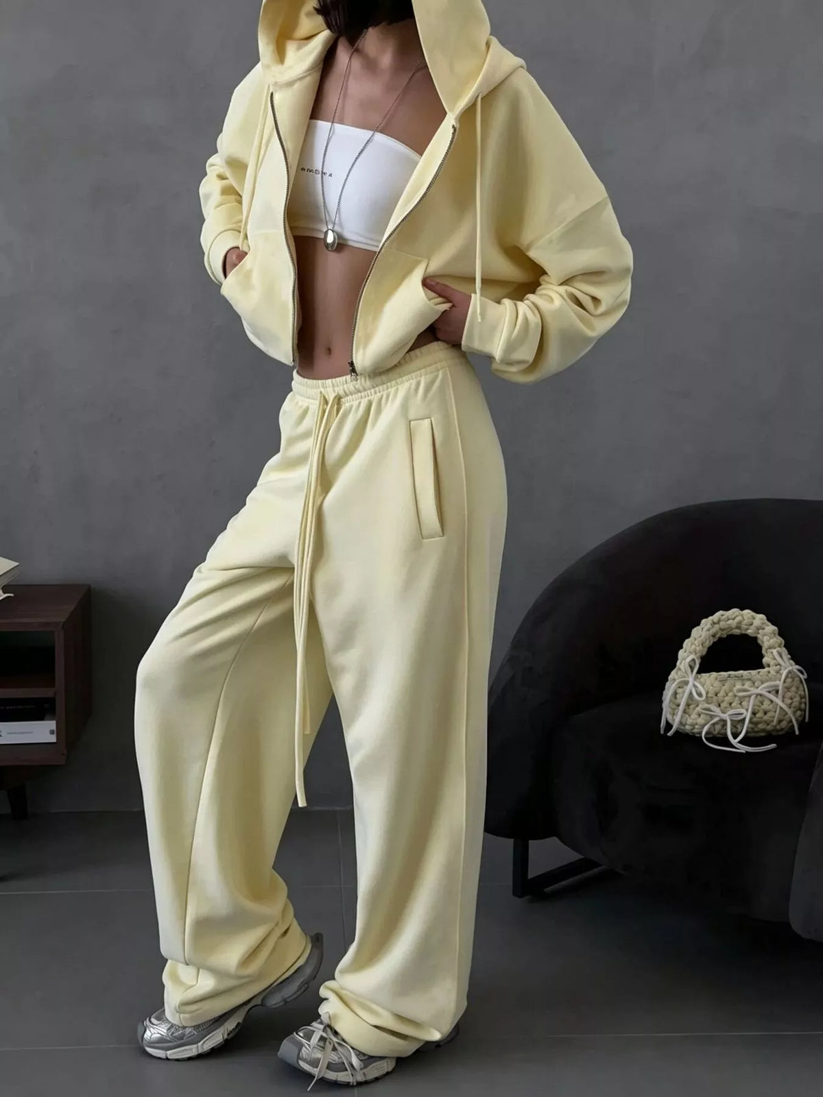 Casual Zip-Up Hoodie and Wide-Leg Sweatpants Set