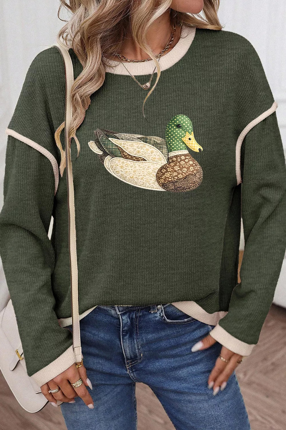 Duck Graphic Contrast Trim Patchwork Casual Knit Top