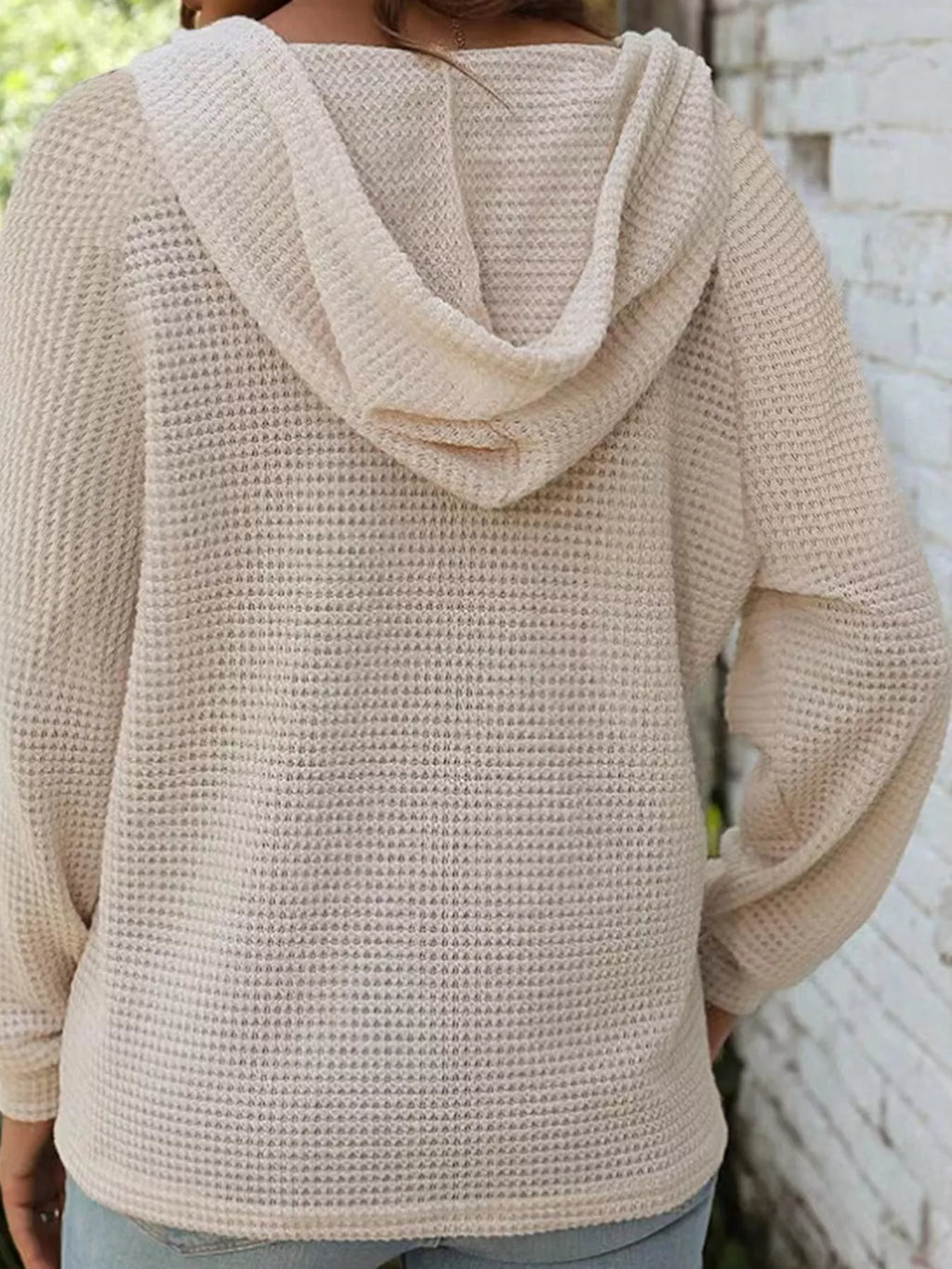 Waffle Knit Hooded Top with Drawstring