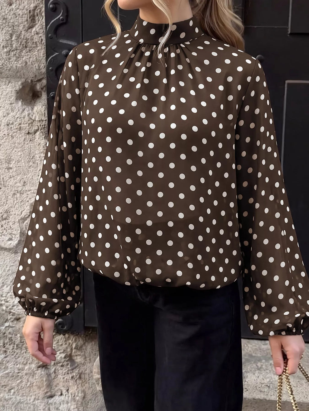 Polka Dot Mock Neck Long Sleeve Blouse