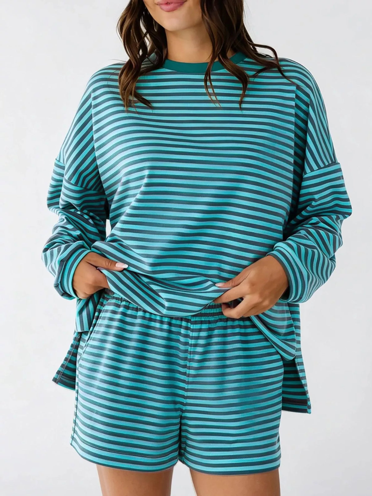 Casual Striped Long Sleeve Top and Shorts Set