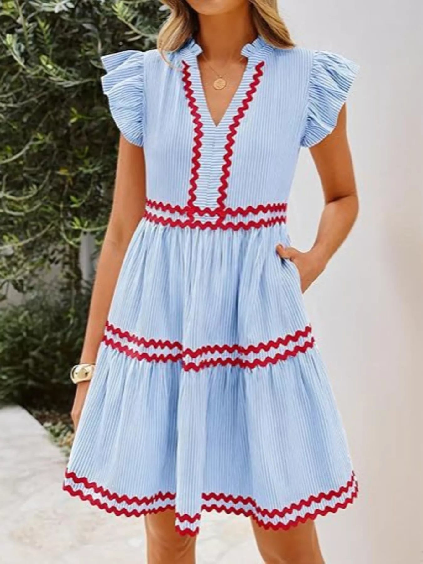 Striped Ruffle Sleeve Tiered Dress