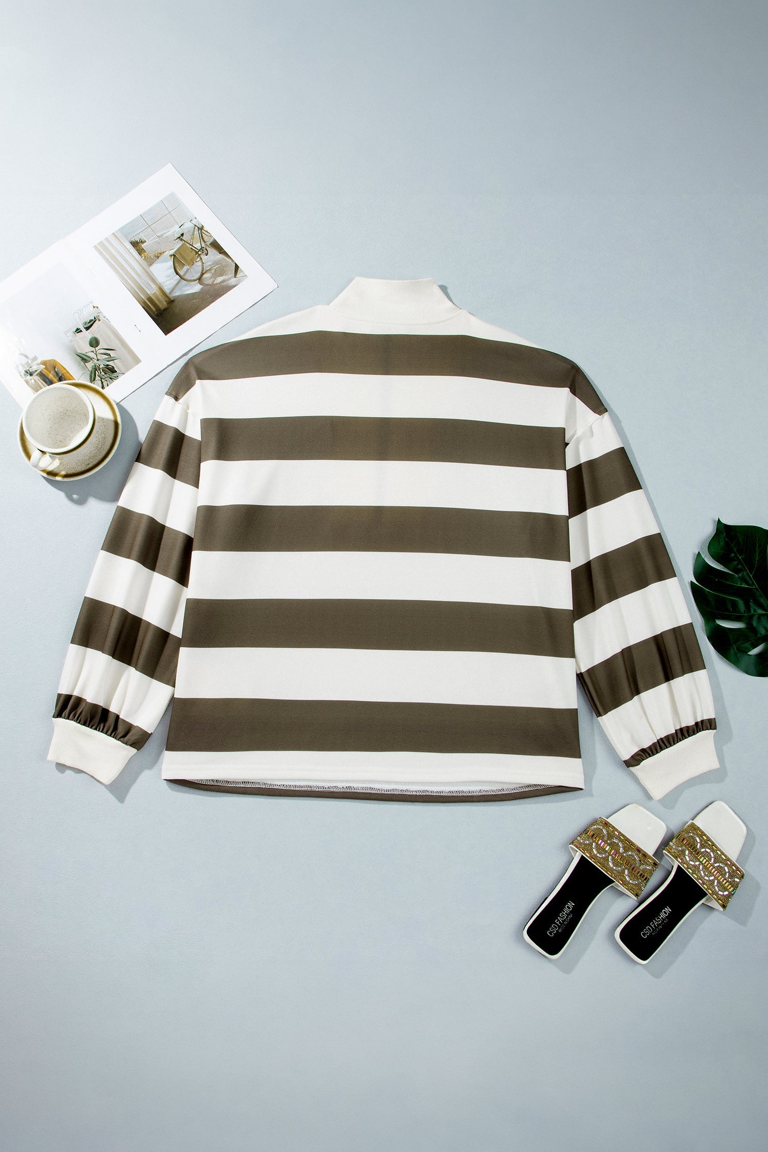 Green Stripe Plus Size Half Zipped Casual Sweatshirt