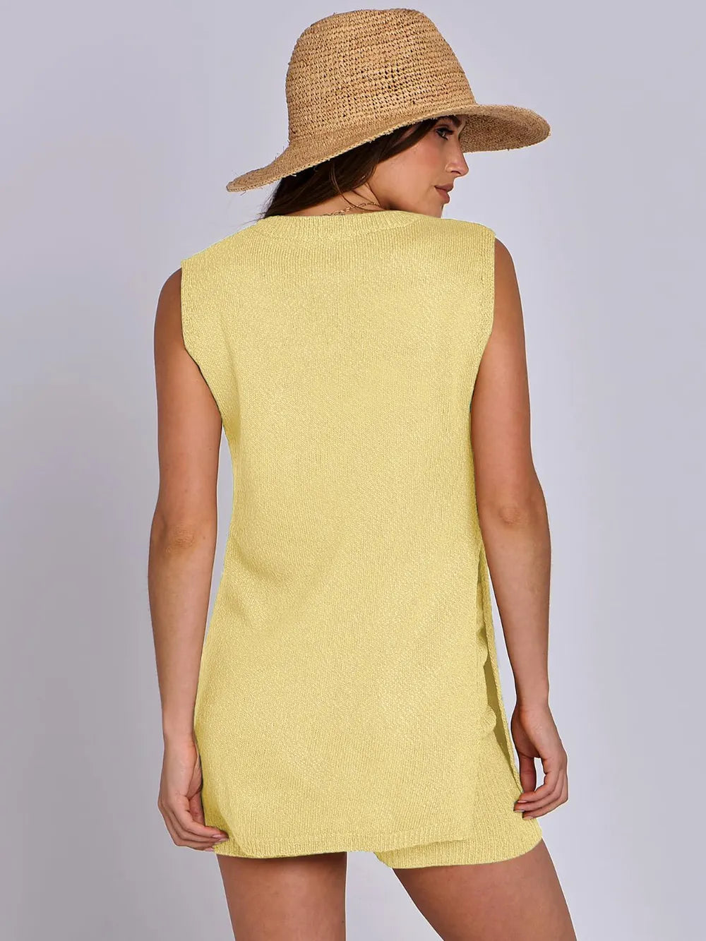 Side Slit Round Neck Tank and Ribbed Shorts Sweater Set
