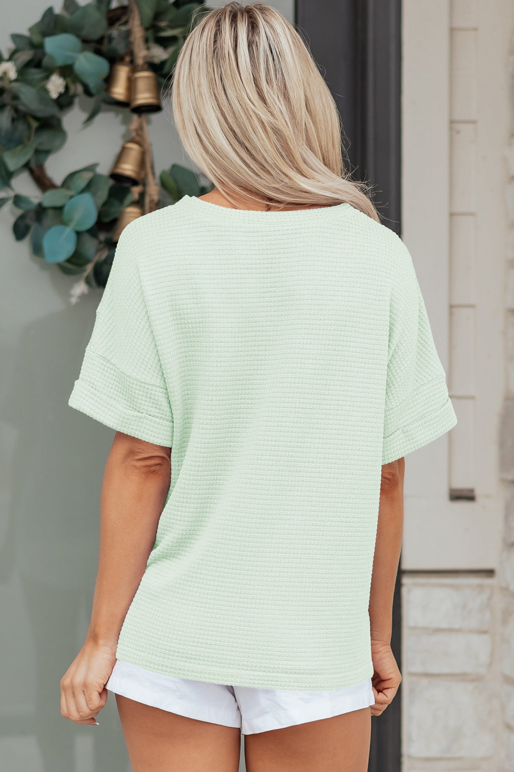 Clearly Aqua Waffle V Neck Short Sleeve Knit Top
