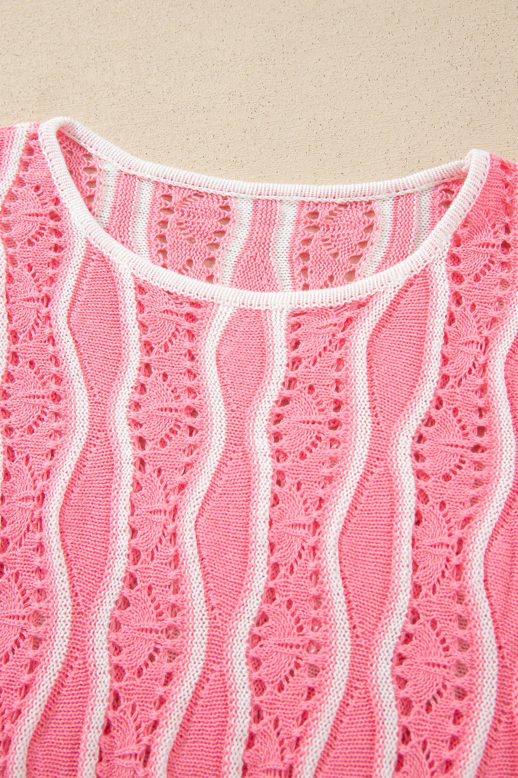 Khaki Wavy Detail Hollow Out Knit Long Sleeve Cotton Pullover Sweater