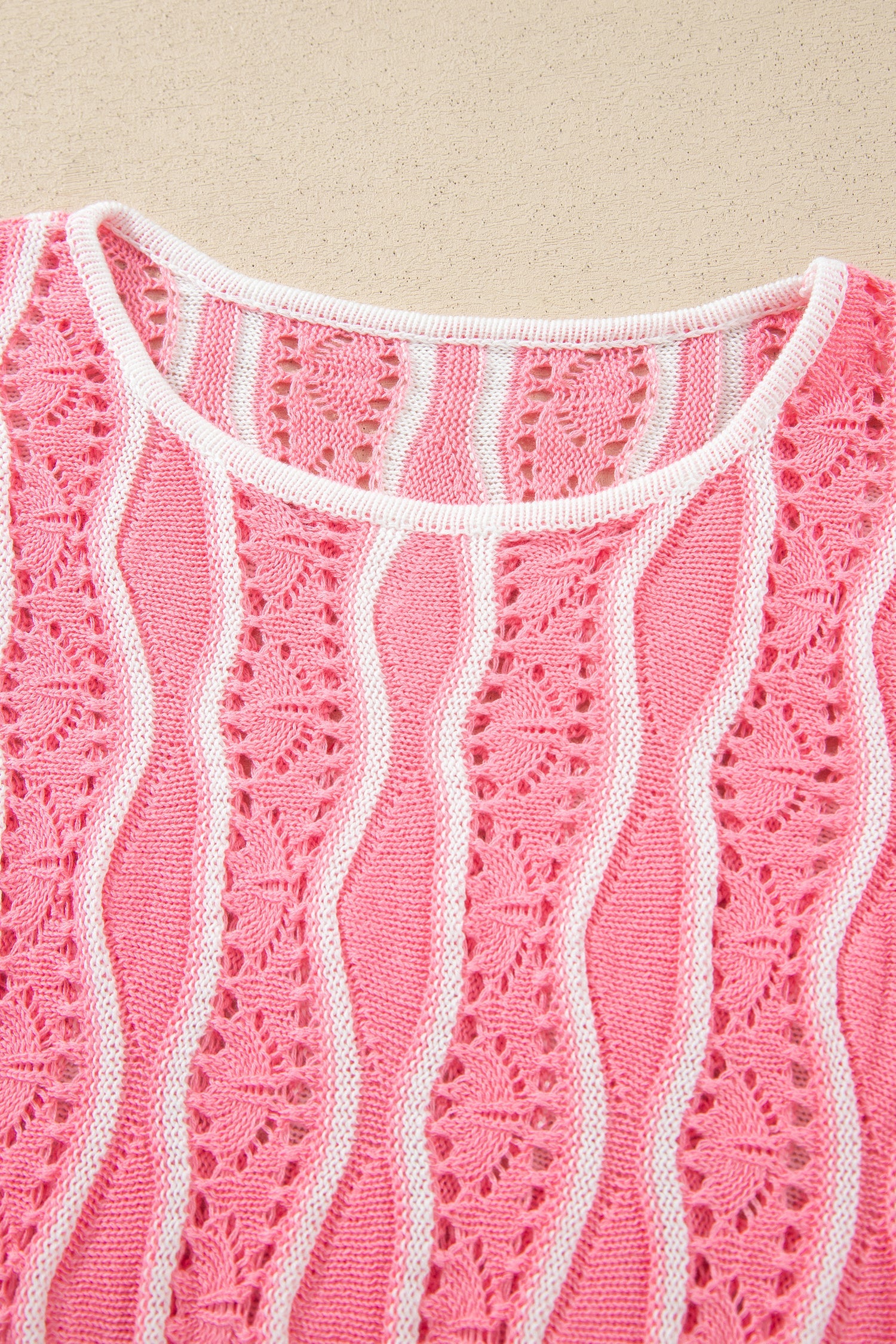 Khaki Wavy Detail Hollow Out Knit Long Sleeve Cotton Pullover Sweater