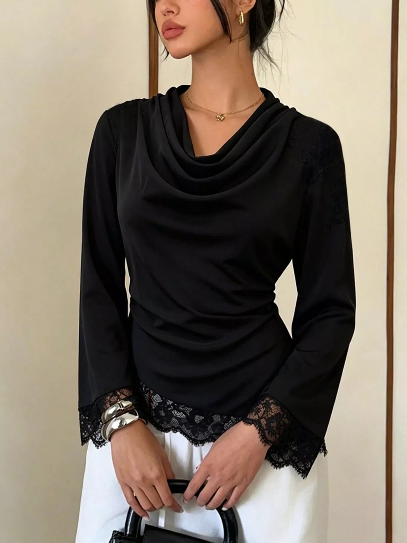 Lace Trim Cowl Neck Blouse