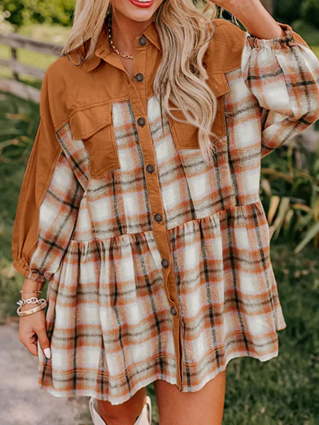Plaid Button Front Long Sleeve Mini Dress