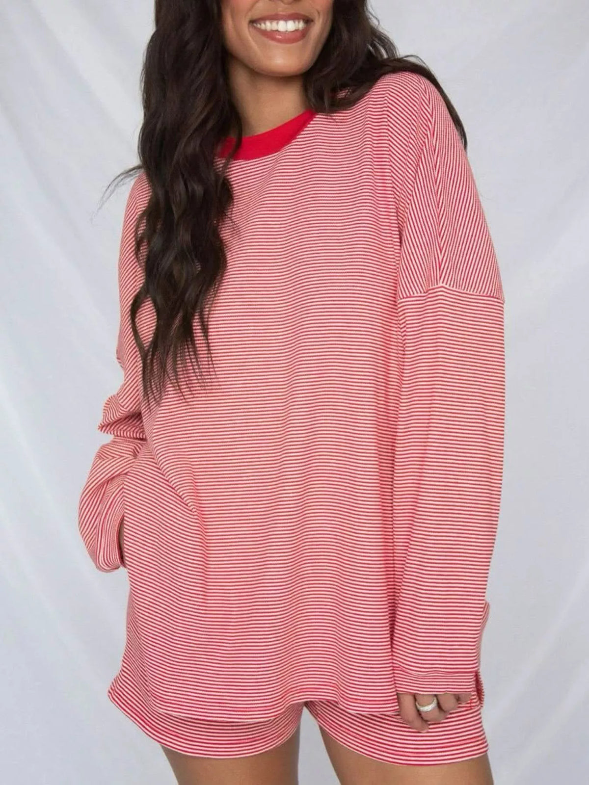 Striped Dropped Shoulder Top and Shorts Set