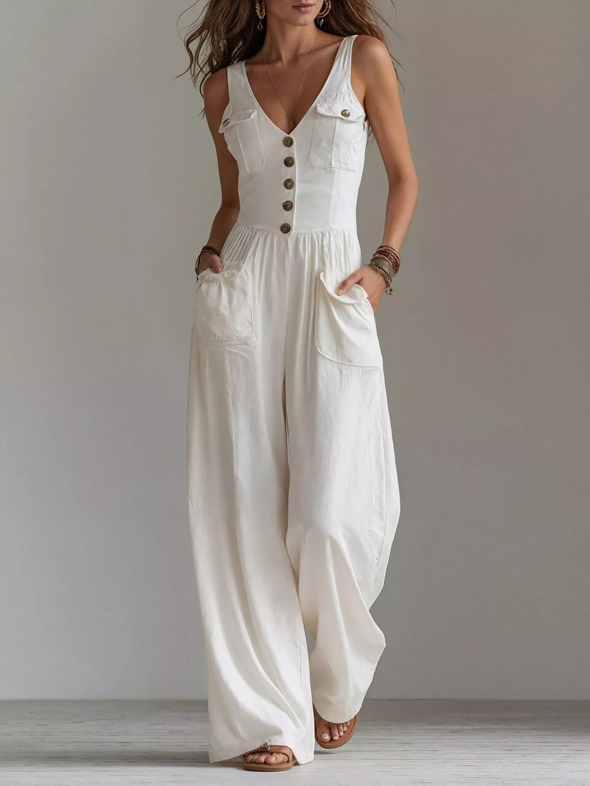 Sleeveless Button-Front Jumpsuit