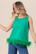 Faux Feather Trim Back Tie Sleeveless Top