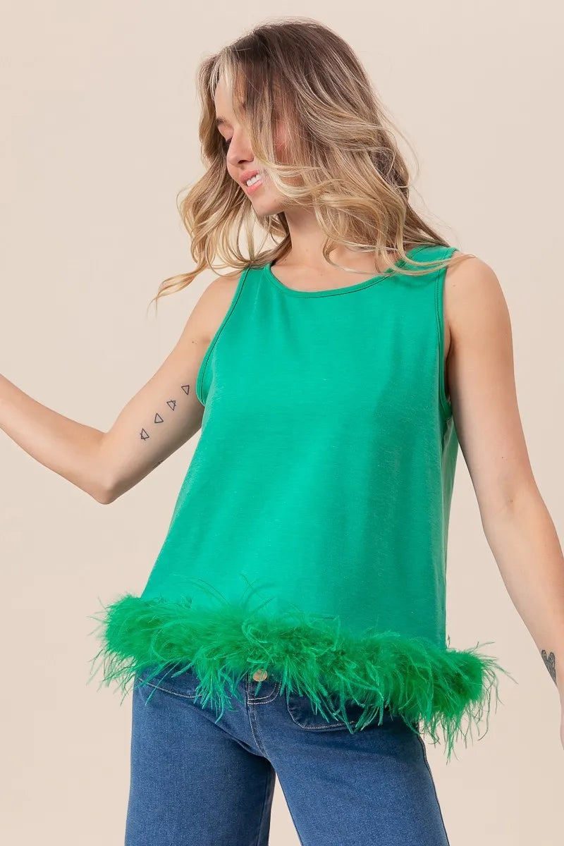 Faux Feather Trim Back Tie Sleeveless Top