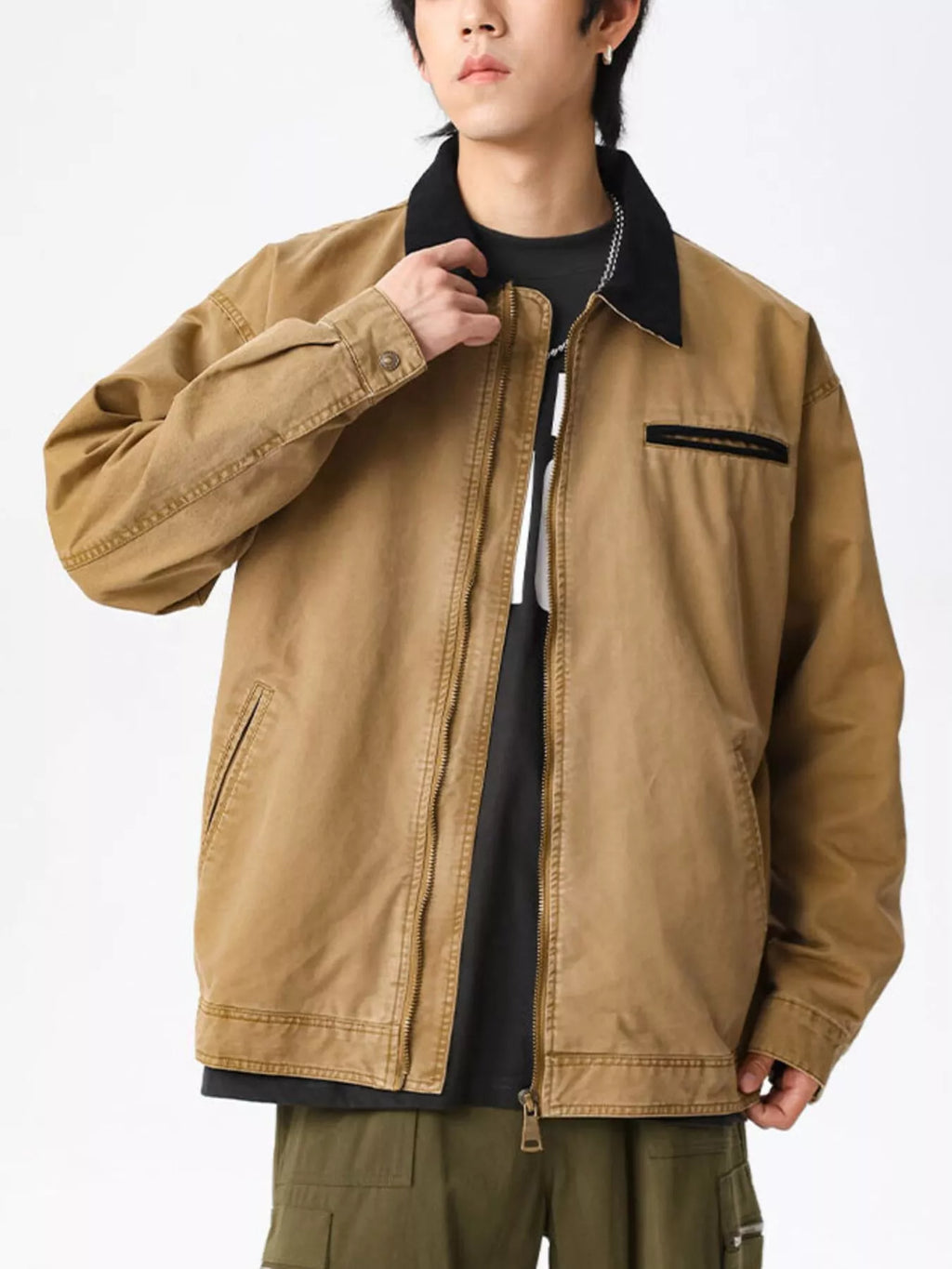 Men's Plus Size Vintage Zipper Front Jacket with Contrast Collar
