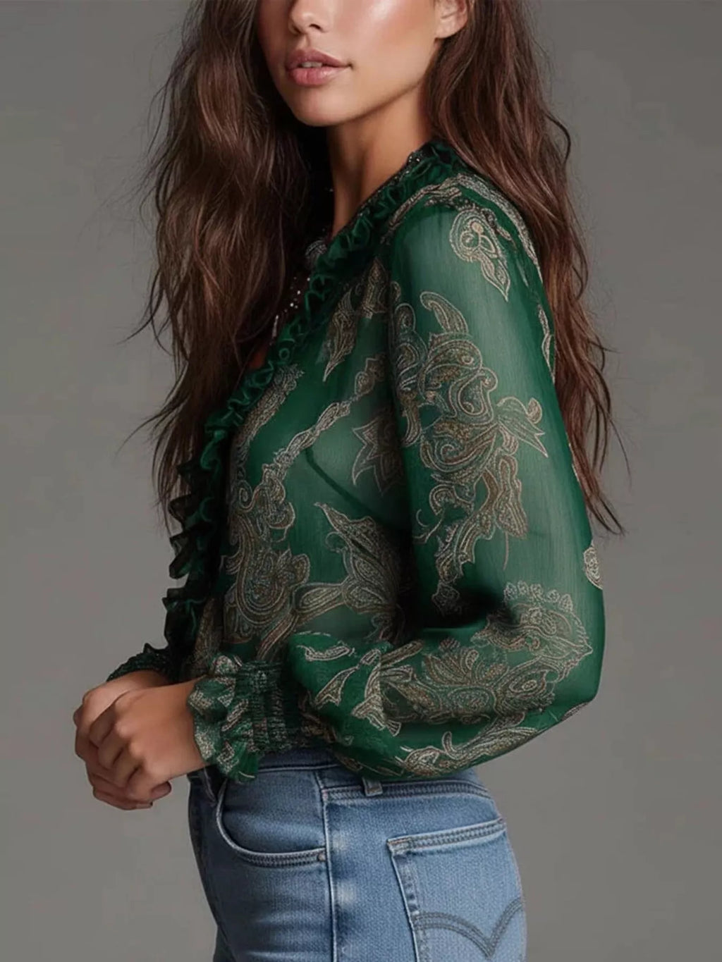 Full Size Paisley Print Ruffle Trim Zip-Front Blouse Plus Size