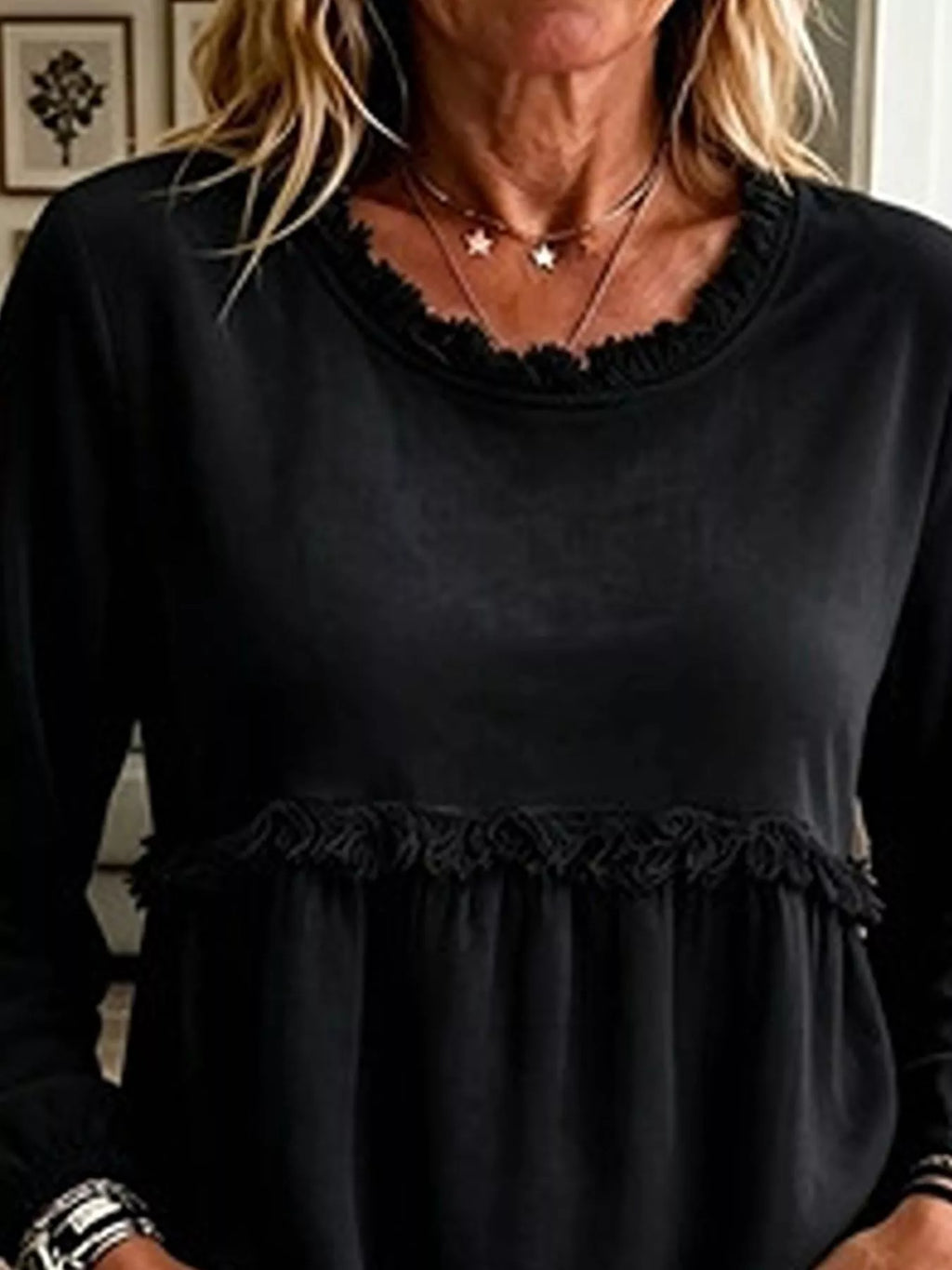 Velvet Fringe Long Sleeve Blouse