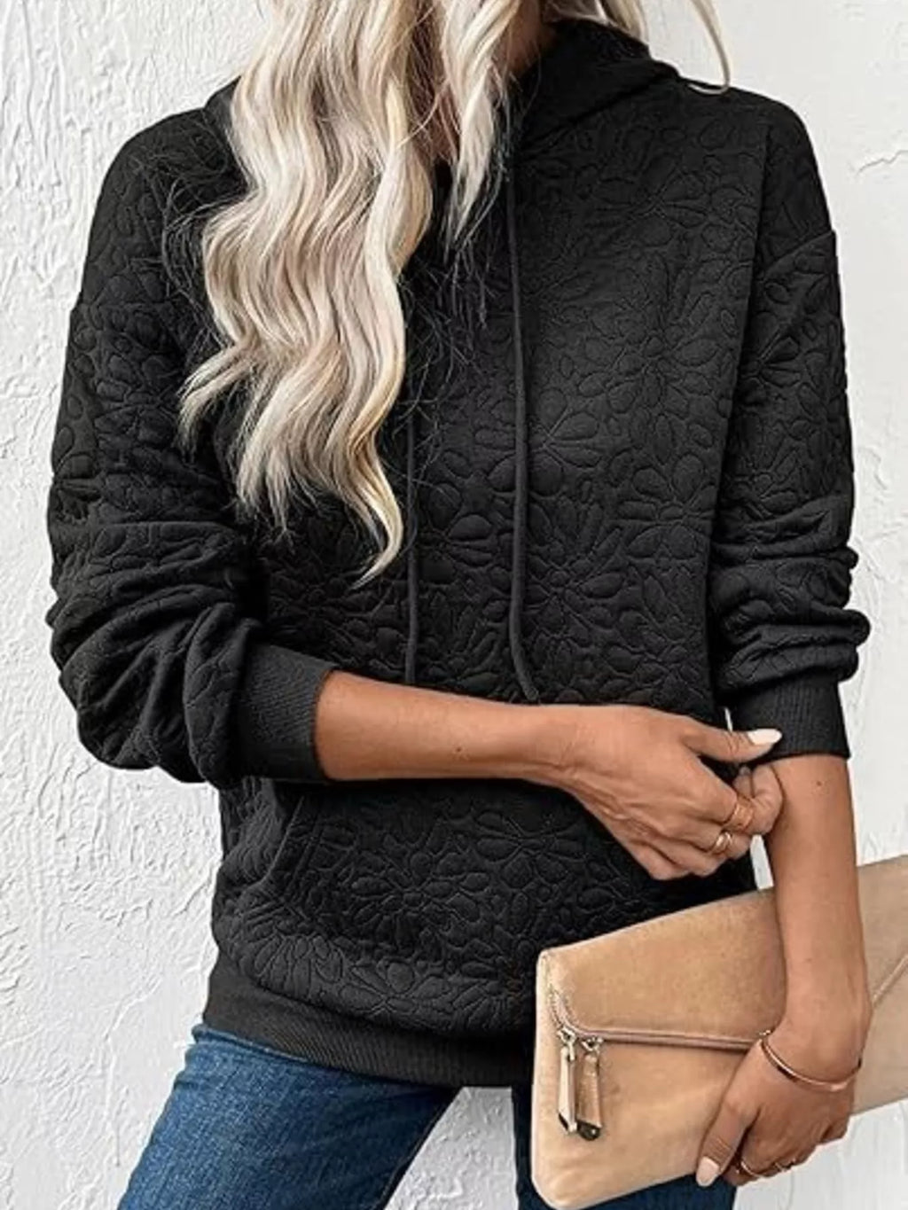 Textured Floral Embossed Drawstring Hoodie