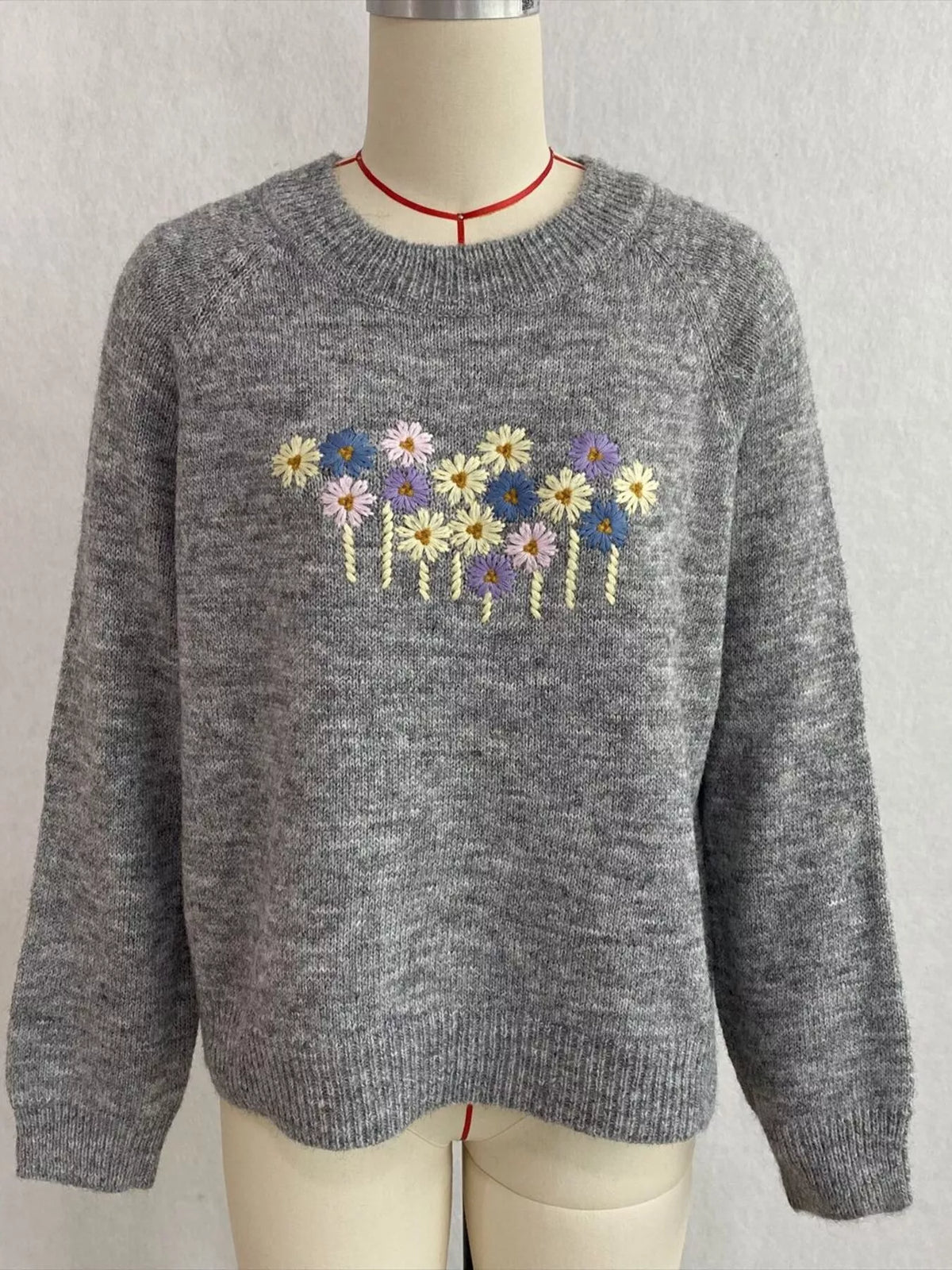 Floral Embroidered Round Neck Sweater