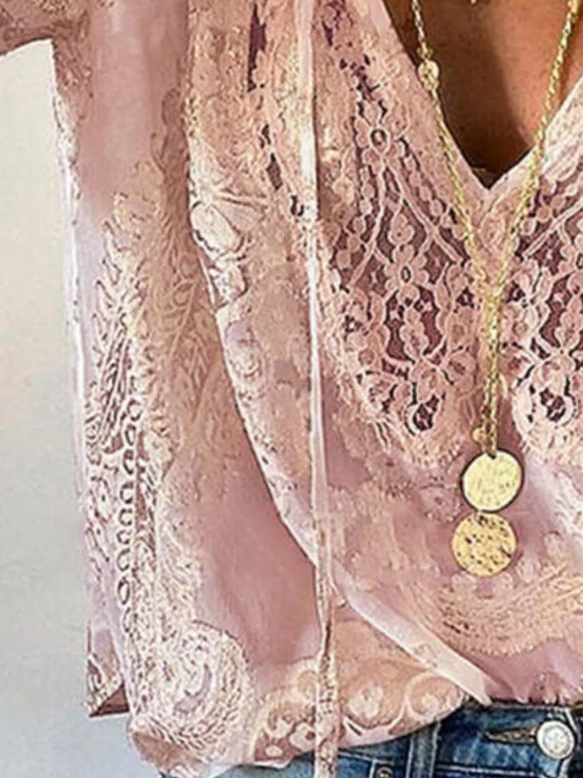 Lace Tie Neck Long Sleeve Blouse