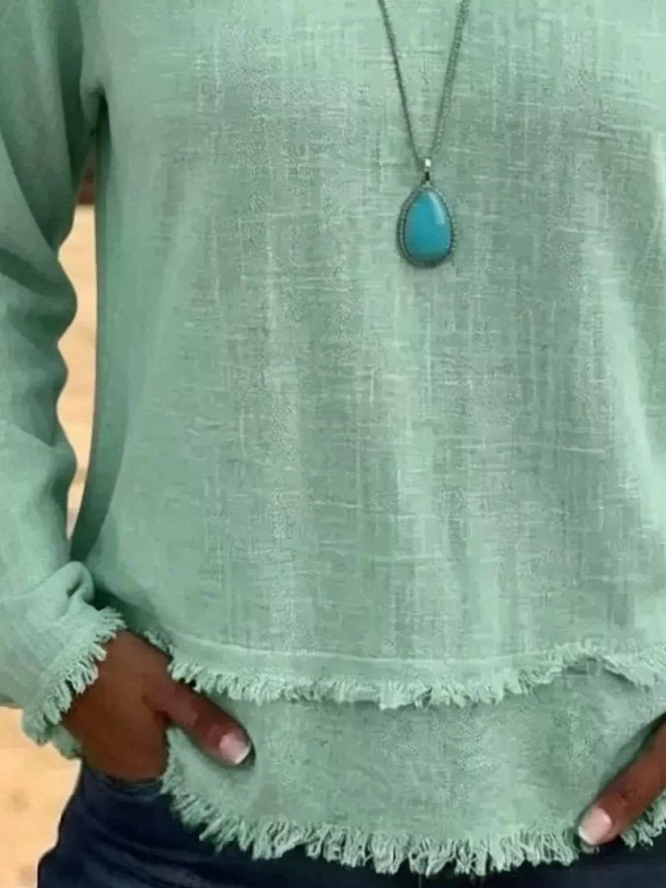 V-Neck Long Sleeve Blouse with Frayed Hem Detail