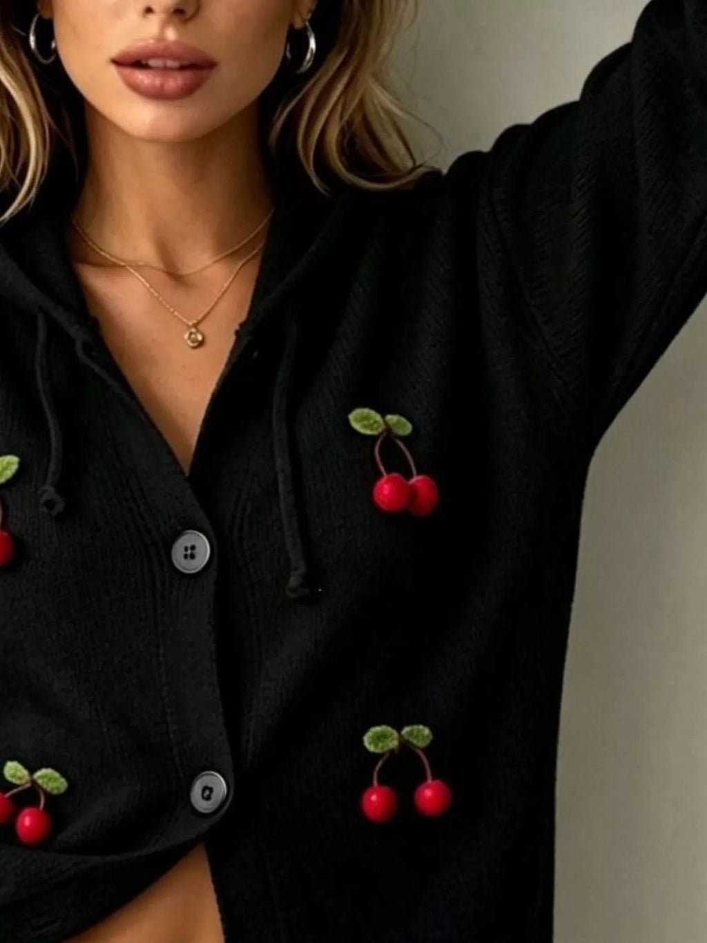 Full Size 3D Cherry Applique Hooded Cardigan Plus Size