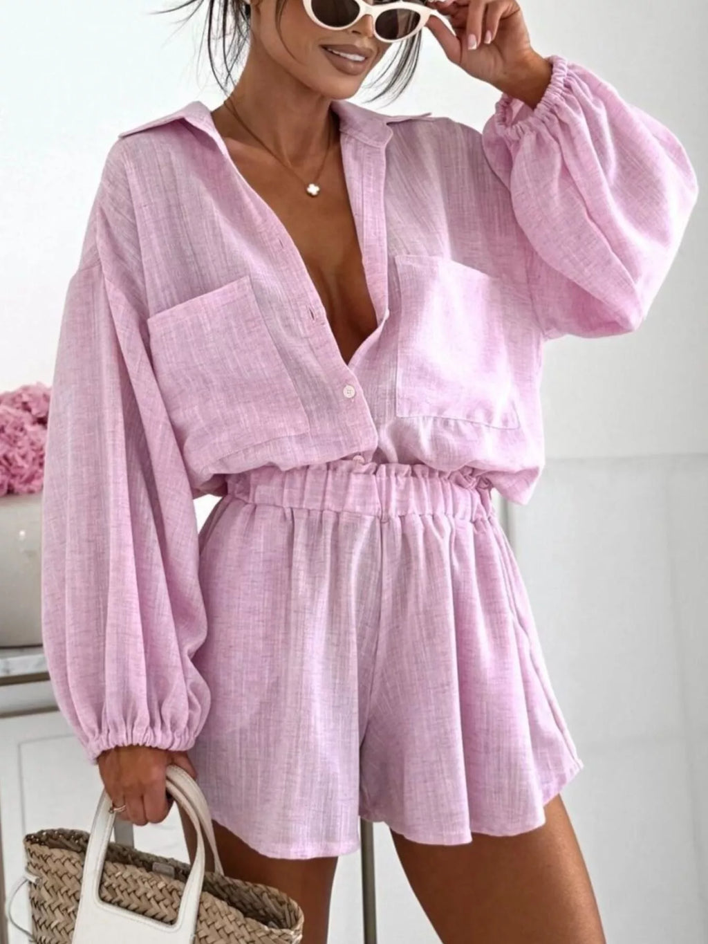Long Sleeve Shirt and High-Waisted Shorts Set