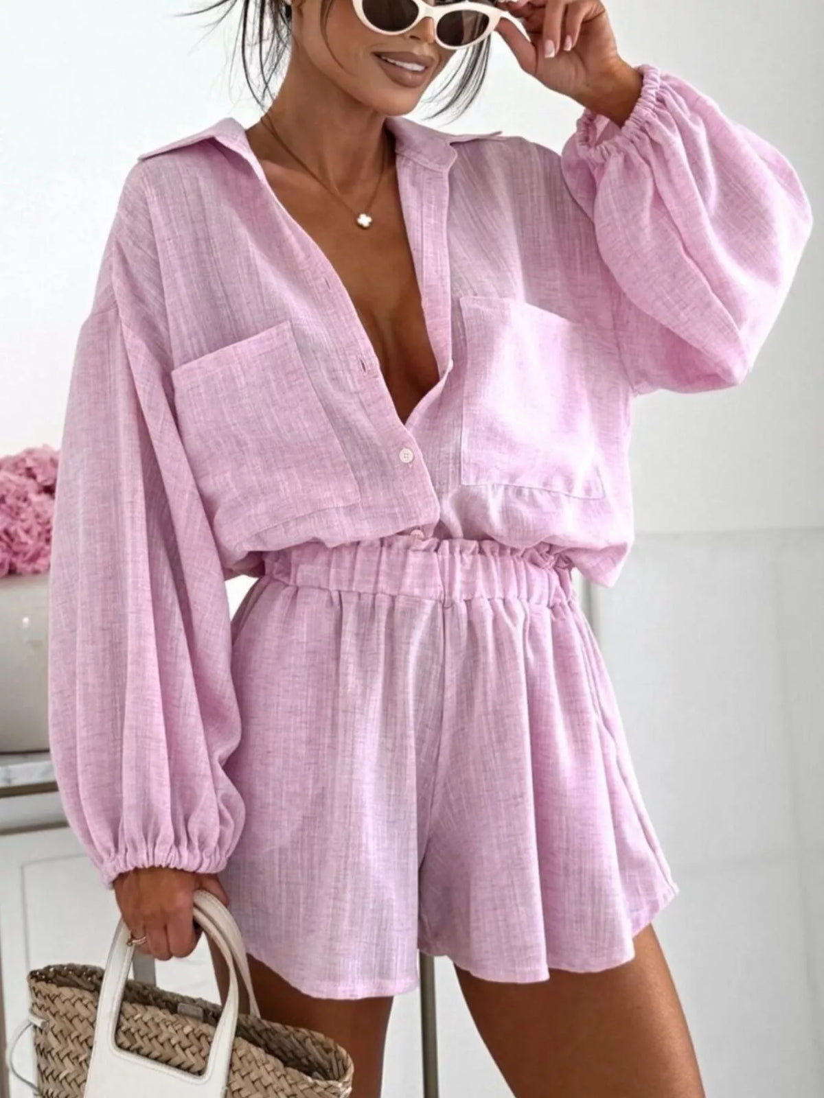 Long Sleeve Shirt and High-Waisted Shorts Set