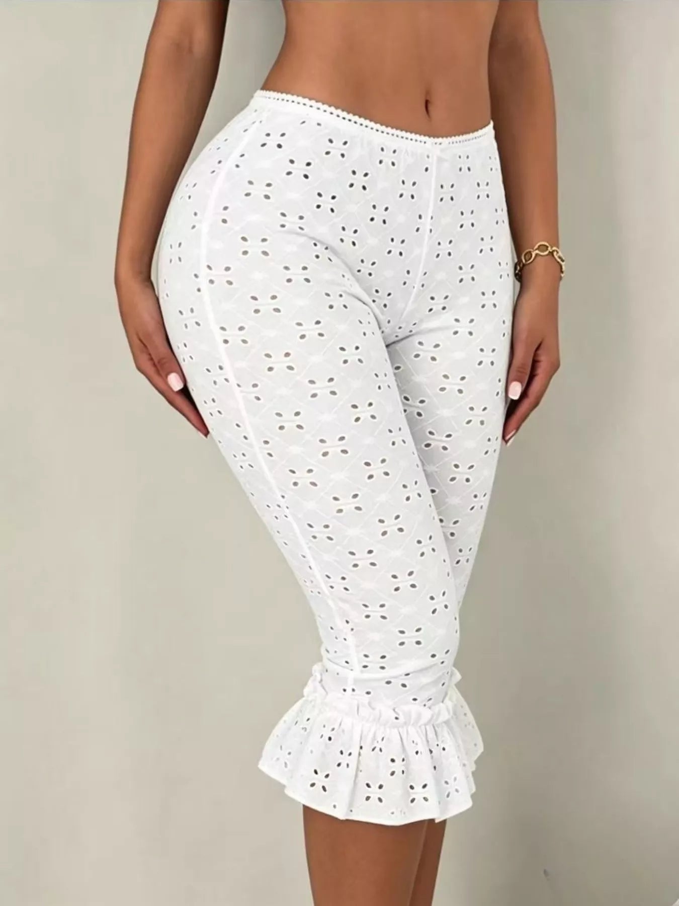 Eyelet Ruffled Cropped Pants