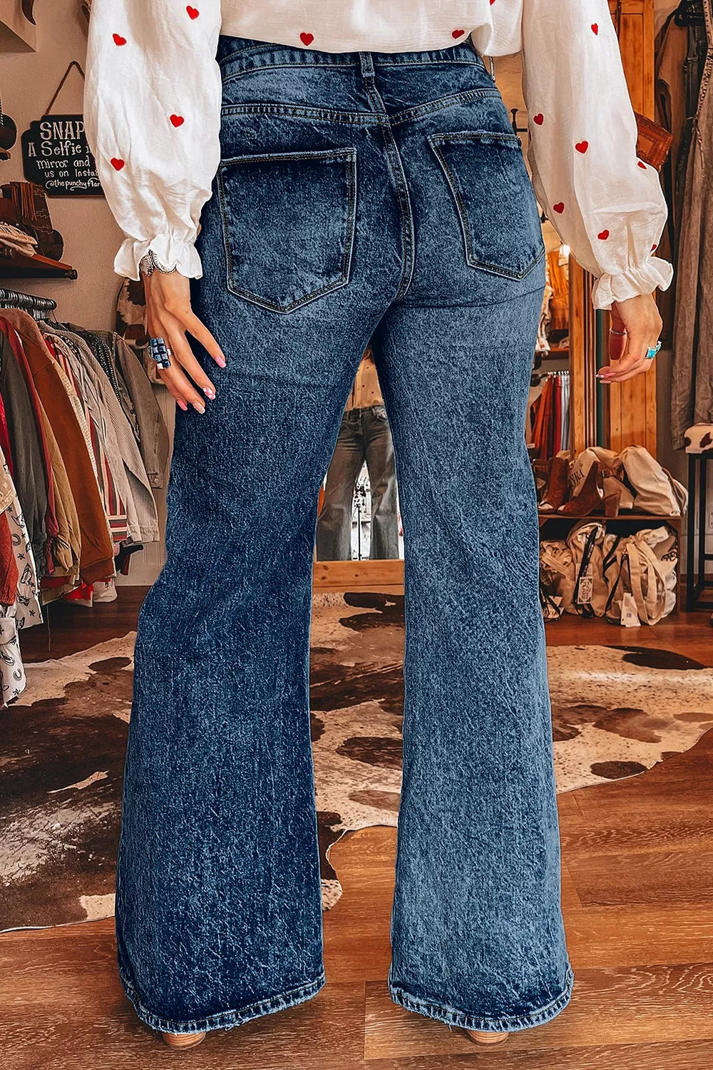Acid Wash Pocket Detail Flare Jeans