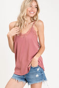 Lace Trim Cami Tank Top with Spaghetti Straps
