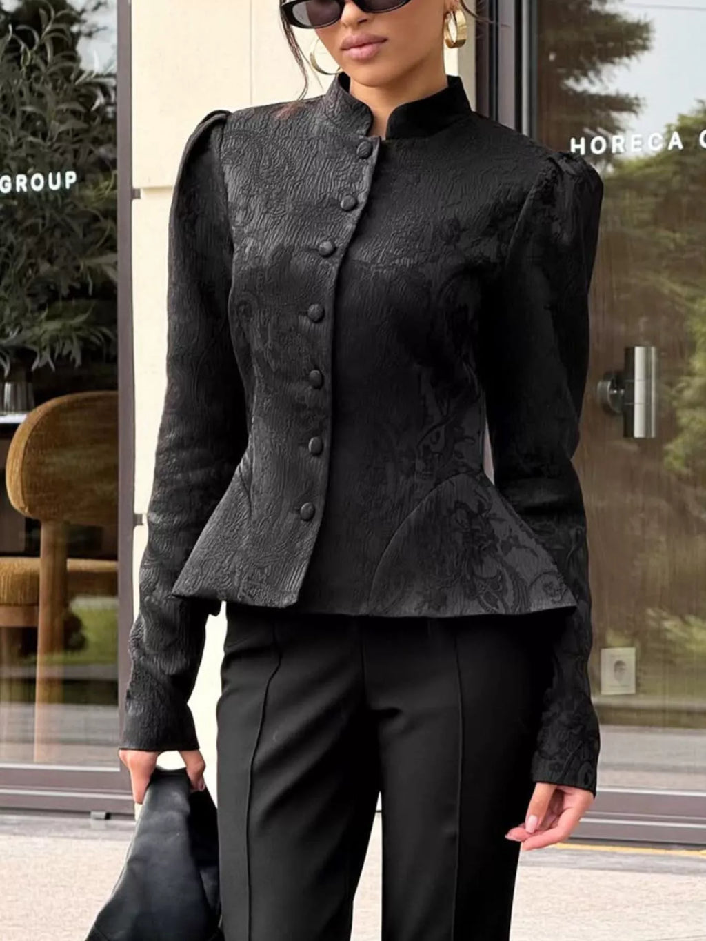 Jacquard Peplum Puff Sleeve Outerwear