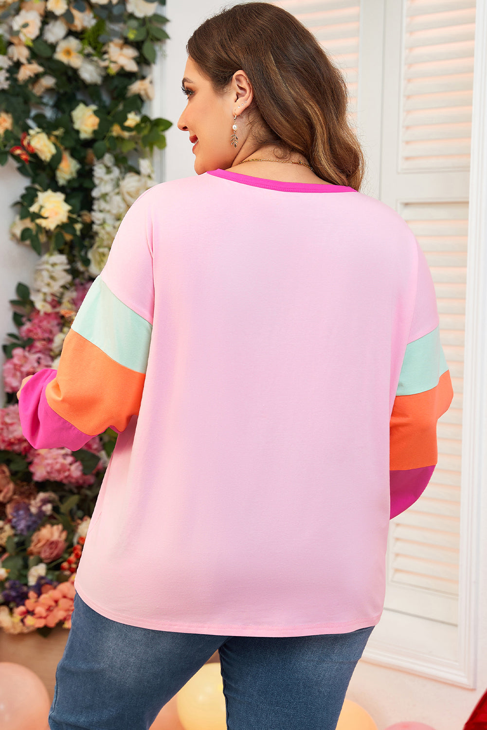 Plus Size Colorblock Patchwork Long Sleeve Top