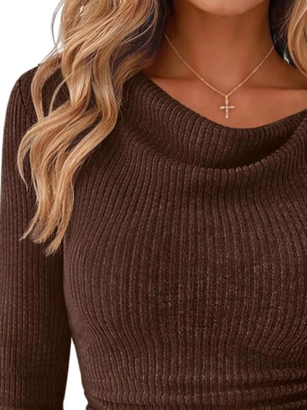 Ribbed Knit Cowl Neck Flared Sleeves Top