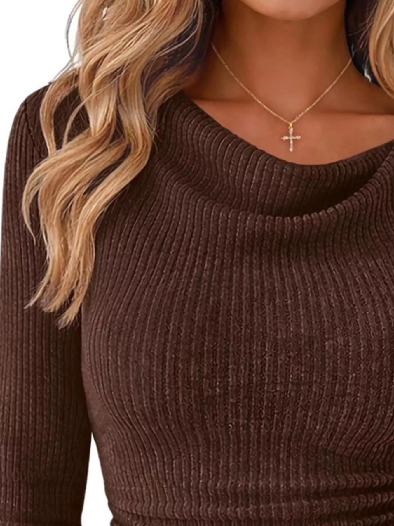 Ribbed Knit Cowl Neck Flared Sleeves Top