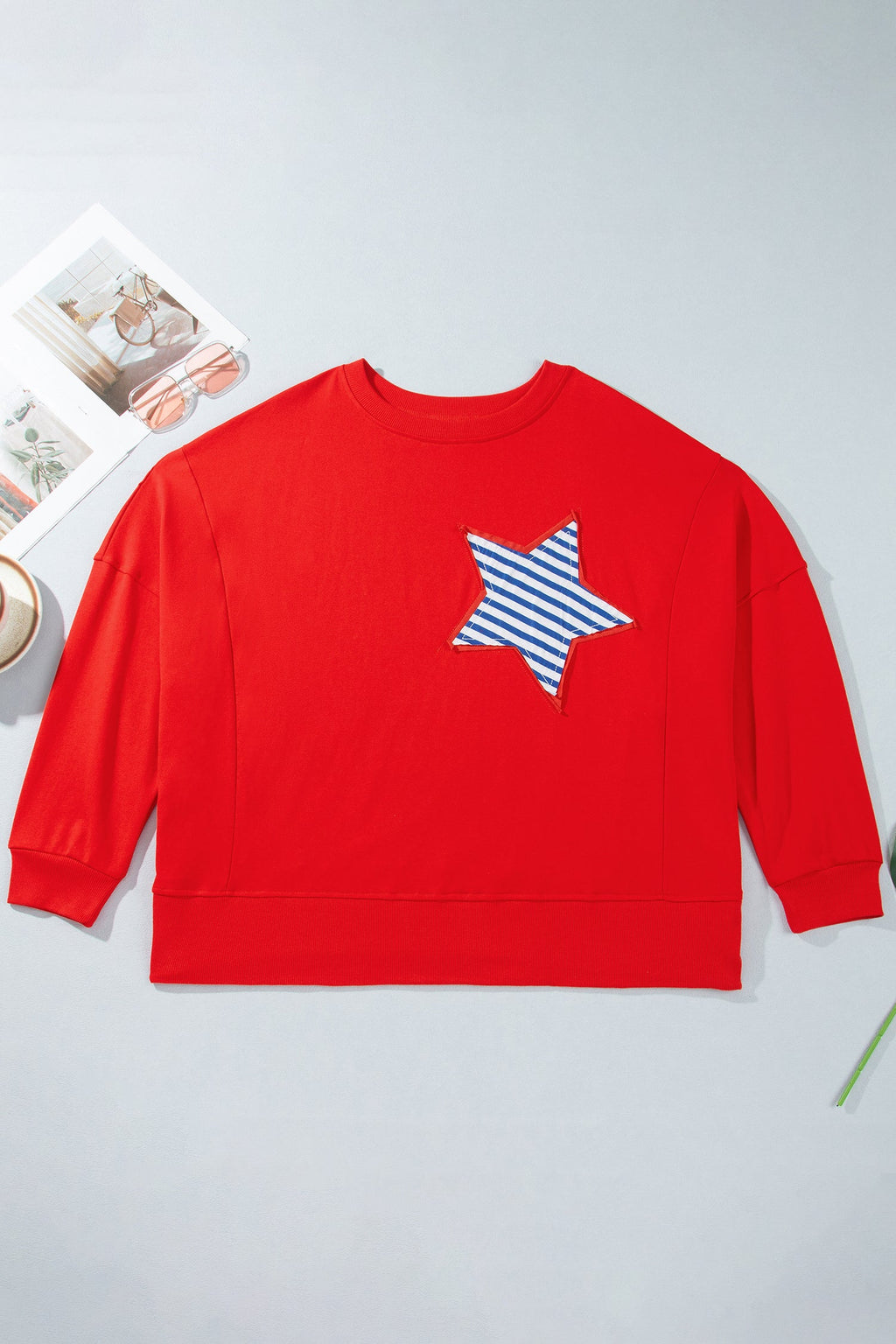 Fiery Red Patch Embroidery Star Colorblock Plus Size Sweatshirt
