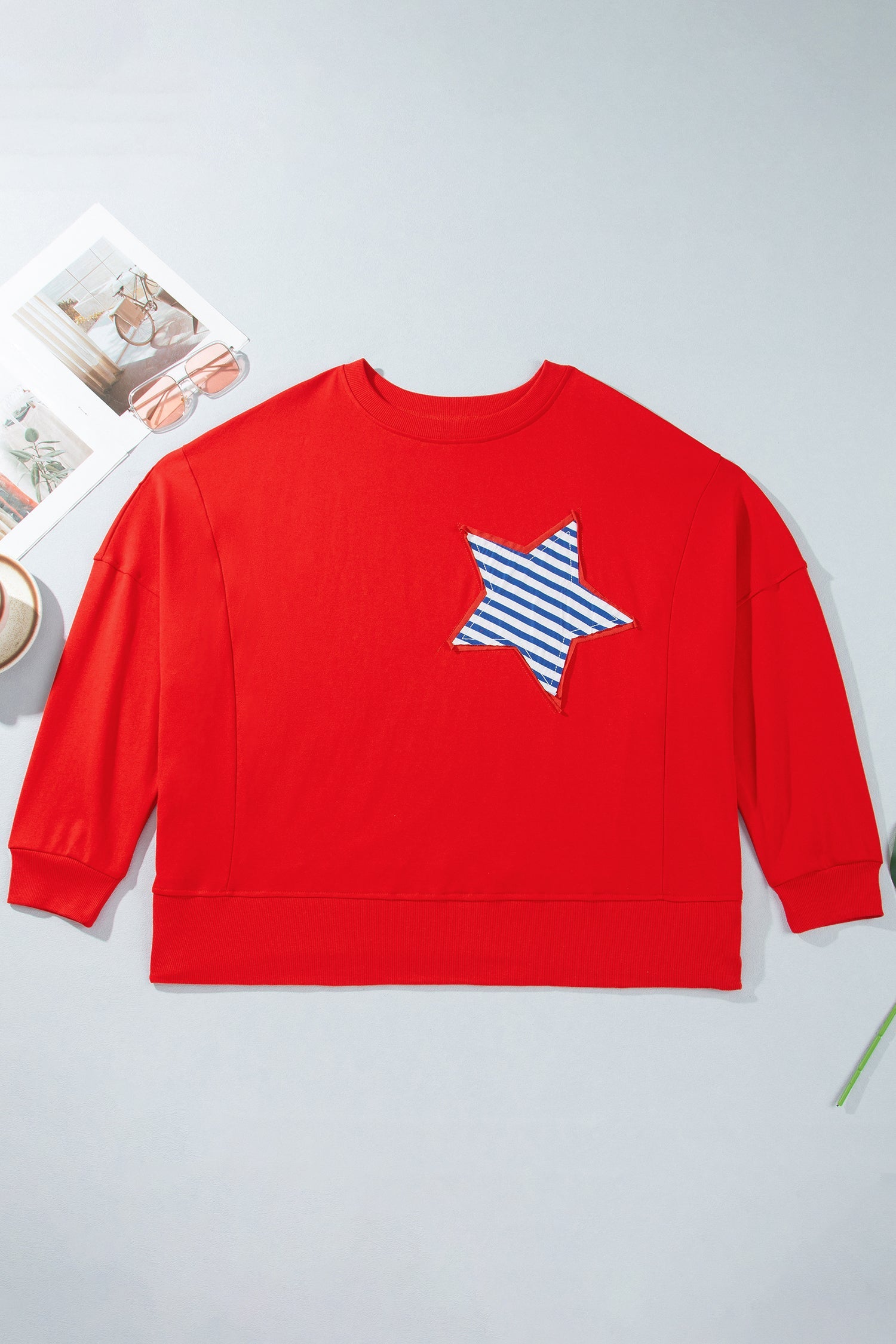Fiery Red Patch Embroidery Star Colorblock Plus Size Sweatshirt
