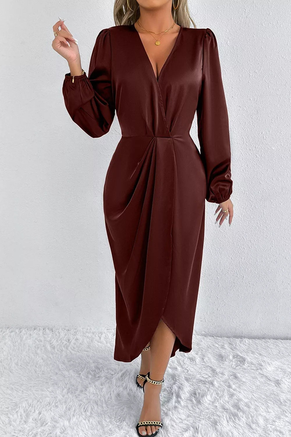 Satin Balloon Sleeve Midi Dress