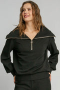 Ribbed Knit Half-Zip Pullover Sweatshirt with Collared Neckline
